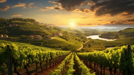 Fototapeta premium Amazing landscape with endless rows of grape vines. The sun is setting behind the hills, casting a warm glow over the scene.