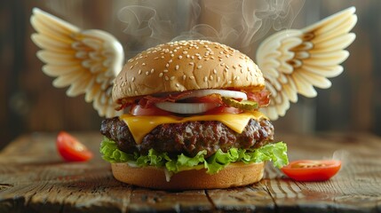 cheeseburger with angel wings and Halo, cartoon 