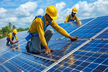 Workers Installing Solar Panels on Rooftop