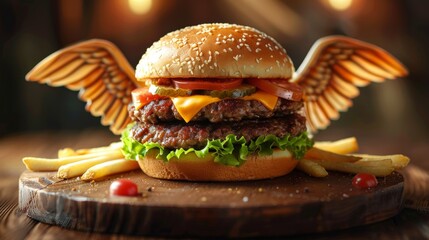 cheeseburger with angel wings and Halo, cartoon 