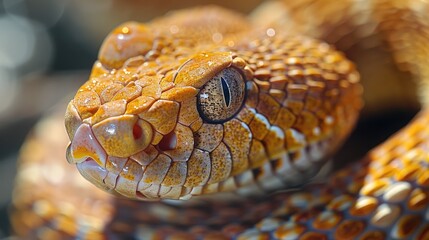 Obraz premium Snake close-up. Portrait of a yellow dangerous poisonous rattlesnake. Portrait photograph of a reptile with the head of a snake. Year of the snake 2025. Dangerous animals reptiles in the wild.