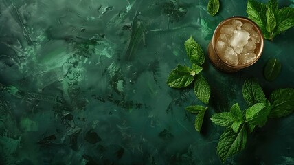 Copper mug with crushed ice drink surrounded by fresh mint leaves on dark green, textured background - obrazy, fototapety, plakaty