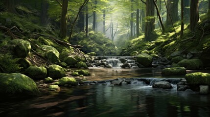 Obraz premium The sun shines through the trees in a beautiful forest. A small river flows through the middle of the forest, and there is green moss on the rocks.