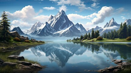 Naklejka premium The image is of a beautiful mountain landscape with a lake in the foreground. The water is calm and clear, reflecting the sky and mountains.