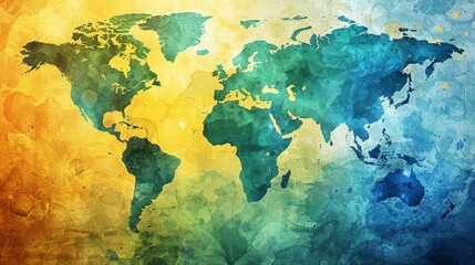 Colorful art world map. Background in green, blue and yellow, backdrop