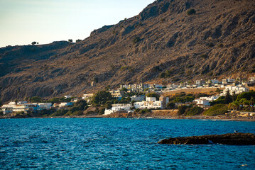 Pefki beach with houses on the island of Rhodes.