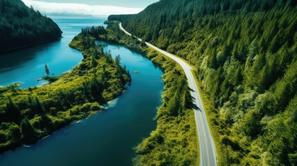 The image is an aerial view of a road winding through a valley. The road is surrounded by lush green trees and a blue river.