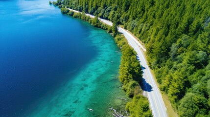 Fototapeta premium The image shows an aerial view of a road winding through a lush green forest along a pristine lake. The water is crystal clear.
