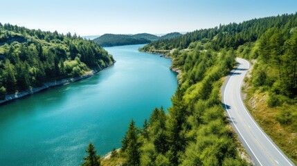 Obraz premium This image shows a beautiful landscape with a long winding road next to a wide river.