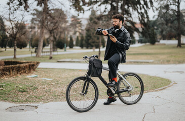 A modern business entrepreneur in smart casual attire multitasks on his bike, effortlessly combining fitness and work.