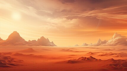 A beautiful landscape of a desert planet with a large mountain range in the distance. The sky is a gradient of orange and yellow.