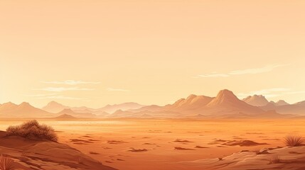 Naklejka premium This is a beautiful landscape of a desert with mountains in the background. The warm colors of the sand and sky create a peaceful and serene scene.