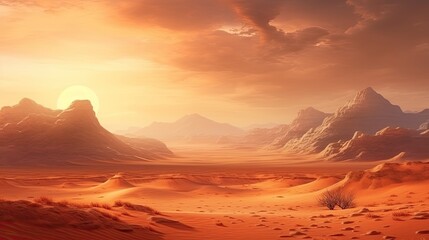 Naklejka premium A vast and desolate desert landscape with a large sun rising over the horizon. The ground is covered in sand and there are mountains in the distance.