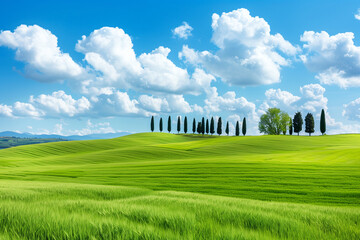 Beautiful summer landscape of a green meadow with cypresses on the horizon