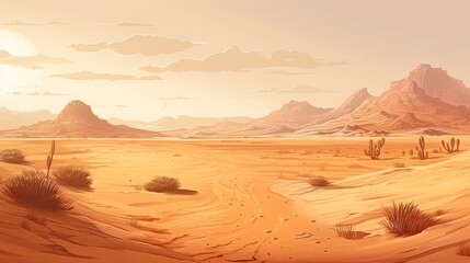 This is a beautiful landscape of a desert. The warm colors of the sand and sky create a sense of peace and tranquility.