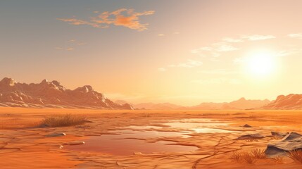 A vast and desolate desert landscape with a mountain range in the distance.