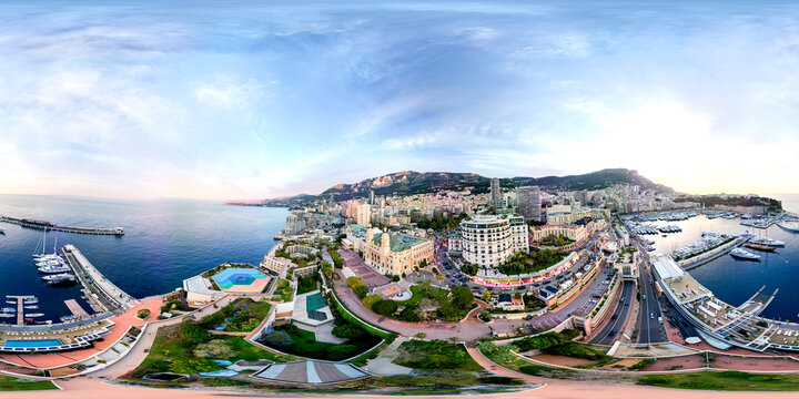 Montecarlo. Aerial view of Monaco skyline at sunset. 360 degrees spherical images