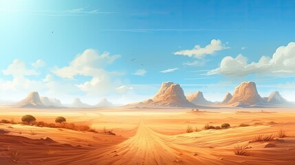 Obraz premium This is a beautiful landscape of a desert with a clear blue sky and a few clouds. There are mountains in the distance and a road in the foreground.