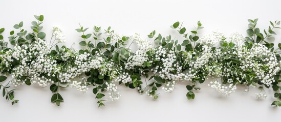 Arrangement of greenery creatively displayed against a white backdrop, featuring white baby's breath flowers, with a leaf and flower border surrounding the design. Overhead perspective.