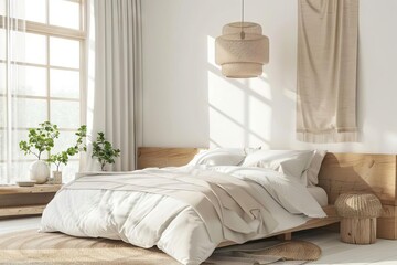 modern minimalist bedroom interior with neutral color palette cozy scandinavian style