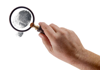 Male Hand Holding Magnifying Glass Viewing A Fingerprint on a White Background. - 788819514