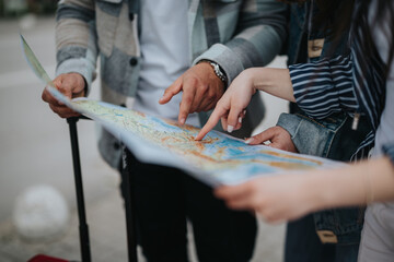 A close-up view of a group of friends outdoors, pointing and looking at a map, planning their route in a city.