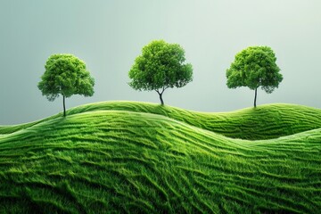save nature concept, three trees growing on rolling green hills - Powered by Adobe