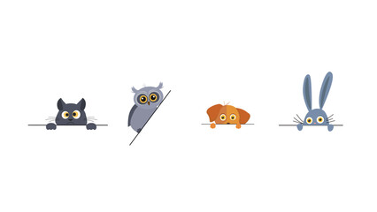 A set of cute animals peeking over a blank banner in a vector flat icon illustration on a white background, including a rabbit, owl, cat with big eyes, and a dog peeking from behind the border.