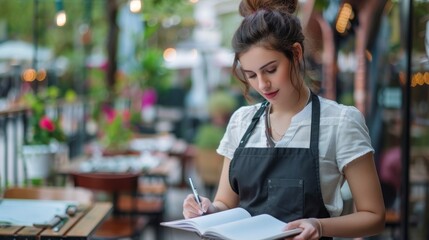 waitress in a white shirt taking the order in a restaurant