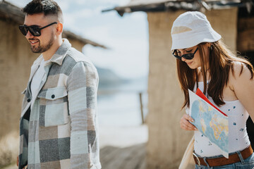 A happy couple dressed in casual wear on a weekend trip, exploring and enjoying their holiday together.