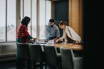 Diverse business partners engaged in a serious meeting, focusing on project details, financial, and strategic planning in a corporate office environment.