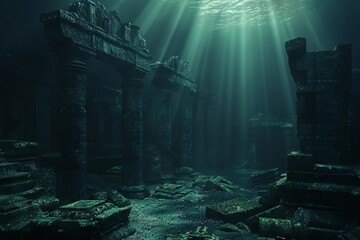 mysterious ancient underwater city ruins discovered sunken civilization remains dramatic lighting 3d render - obrazy, fototapety, plakaty