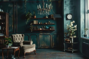 mysterious dark room with elegant decor and ample copy space moody interior design