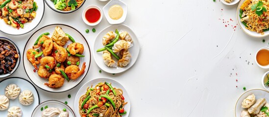 Chinese cuisine dishes on a white backdrop. Including Chinese noodles, stir-fried rice, dumplings, Peking duck, dim sum, and spring rolls. A collection of well-known Chinese dishes.