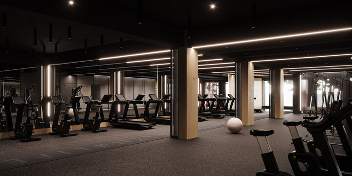 Modern gym interior design. Industrial gym concept design. 3D Rendering, 3D Illustration