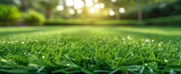 Closeup, grass and light with sunshine, nature and green growth with outdoor banner. Park lawn, meadow and environment for summer season, vibrant field and background with macro garden landscape