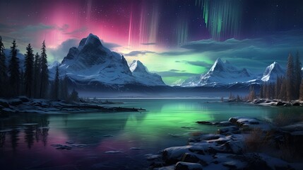 Naklejka premium The aurora borealis, also known as the northern lights, is a natural phenomenon that creates a beautiful light display that can be seen in various col