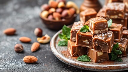 Obraz na płótnie Canvas Chunks of caramel chocolate with nuts and fresh mint on plate