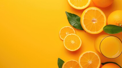 Fresh oranges and glass of juice on bright yellow background
