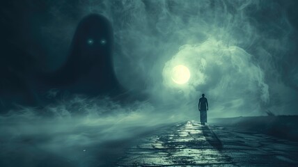 Person standing on road under full moon with large ghostly figure looming in background - obrazy, fototapety, plakaty