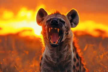 Portrait of a hyena showing teeth on a savanna sunset background.