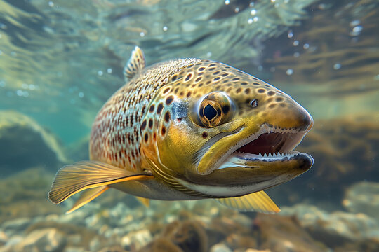 Close-up view of angry brown trout swimming in clear water.