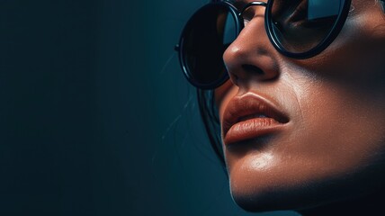 Close-up side profile of woman wearing sunglasses, with prominent nose and lips - obrazy, fototapety, plakaty