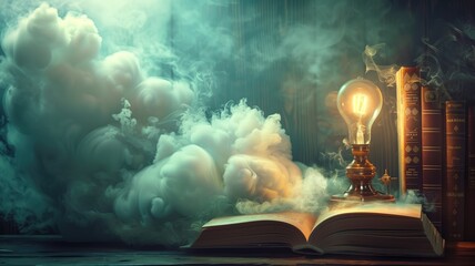 Illuminated light bulb atop open book with smoke and floating clouds against backdrop of bookshelves