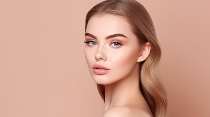 Fototapeta premium A beautiful young woman with long, flowing hair and flawless skin.