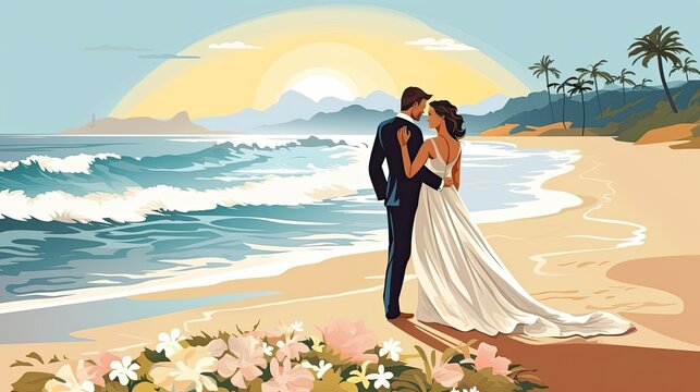 Newlyweds standing on beach at sunset. The groom is wearing a tuxedo and the bride is wearing a white dress.