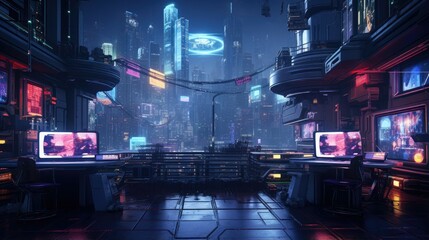 A dimly lit room with a large window looking out onto a futuristic cityscape.