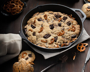 Homemade sweet dark and bretzel cookie in a skillet