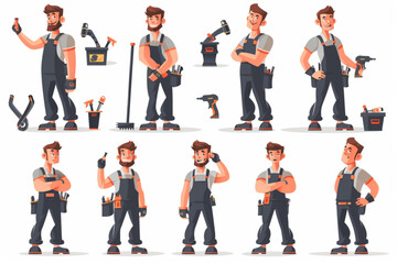 Handyman character set. Worker in different postures or actions. Repairman or builder. A man in overalls in a cap or helmet 3D avatars set vector icon, white background, black colour icon