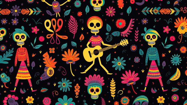 This is a seamless pattern of colorful and whimsical skeletons playing music and dancing.